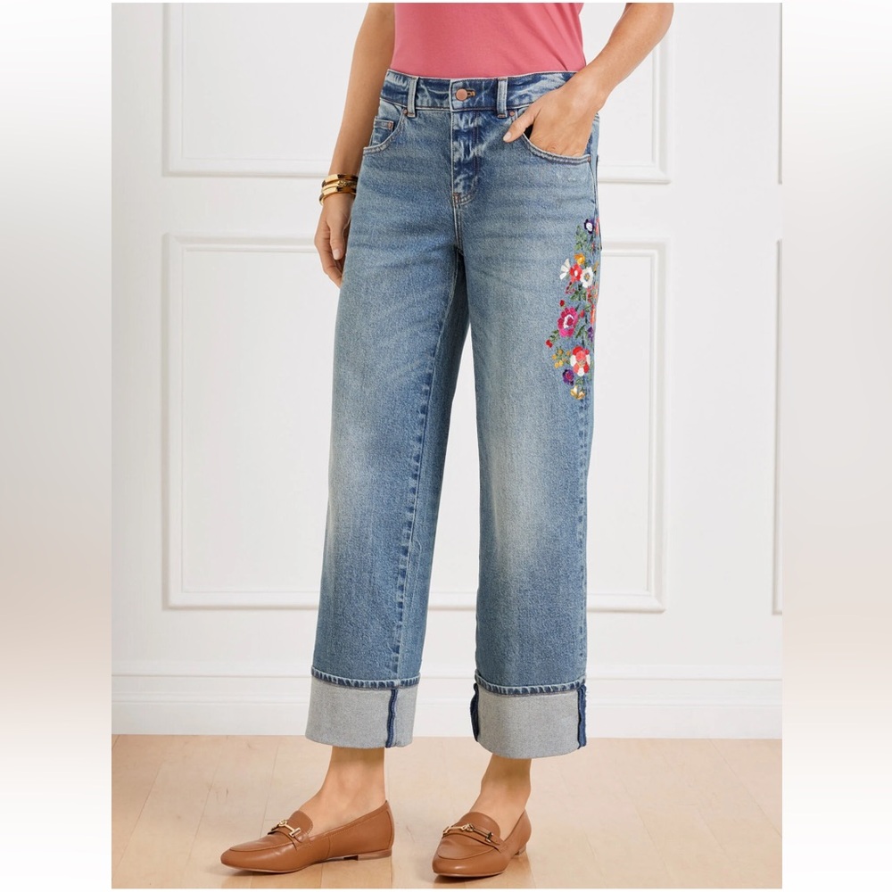 Talbots Embroidered Wide Straight Ankle Cuff Jeans - Picture 3 of 4